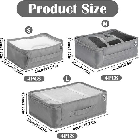 12 Pcs Packing Cubes for Suitcase, 3-Sizes Luggage Packing Organizers for Travel Accessories Hiking Camping Backpacking Clothes(Grey, L, M, S Size) in Saudi Arabia
