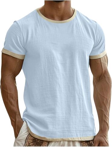 قمصان العضلات للرجال من القطن والكتان قمصان صيفية غير رسمية بأكمام قصيرة ورقبة مستديرة تي شيرت تي شيرت بقصة ضيقة in Kuwait
