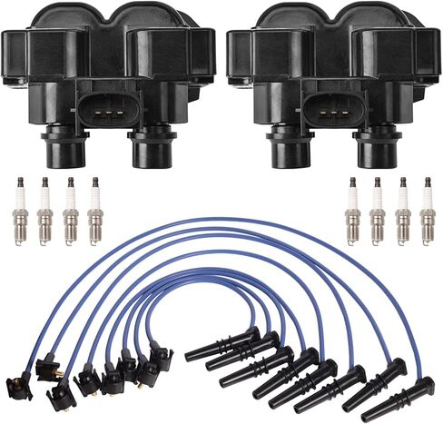 ENA Set of 2 Ignition Coil with 8 Platinum Spark Plug and Blue Wire Set Compatible with Lincoln Mark VIII 4.6L V8 Replacement for FD487 in Saudi Arabia