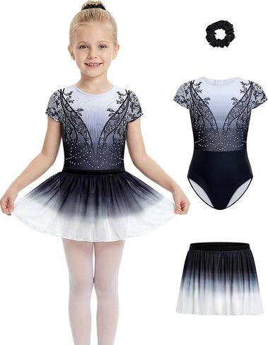 JiAmy Girls Gymnastics Leotards Ballet Dance Outfits Short Sleeve Floral Leotard with Skirt Set for Toddler 3-12 Years in Saudi Arabia
