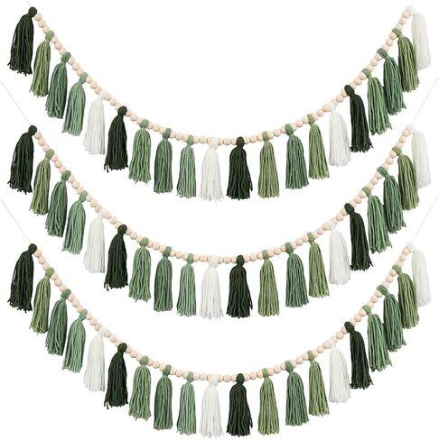 3 Pcs Green Boho Yarn Tassel Garlands Sage Green Wall Hanging Decoration with Wood Beads Neutral Woodland Forest Party Tassel Banner for Nursery Classroom Room Dorm Birthday Baby Shower Deco in Kuwait