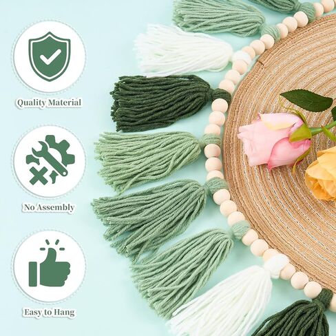 3 Pcs Green Boho Yarn Tassel Garlands Sage Green Wall Hanging Decoration with Wood Beads Neutral Woodland Forest Party Tassel Banner for Nursery Classroom Room Dorm Birthday Baby Shower Deco in Kuwait
