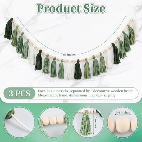 3 Pcs Green Boho Yarn Tassel Garlands Sage Green Wall Hanging Decoration with Wood Beads Neutral Woodland Forest Party Tassel Banner for Nursery Classroom Room Dorm Birthday Baby Shower Deco in Kuwait