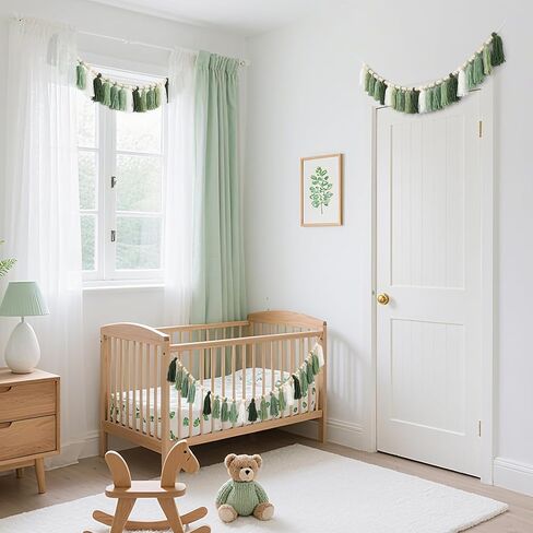 3 Pcs Green Boho Yarn Tassel Garlands Sage Green Wall Hanging Decoration with Wood Beads Neutral Woodland Forest Party Tassel Banner for Nursery Classroom Room Dorm Birthday Baby Shower Deco in Kuwait