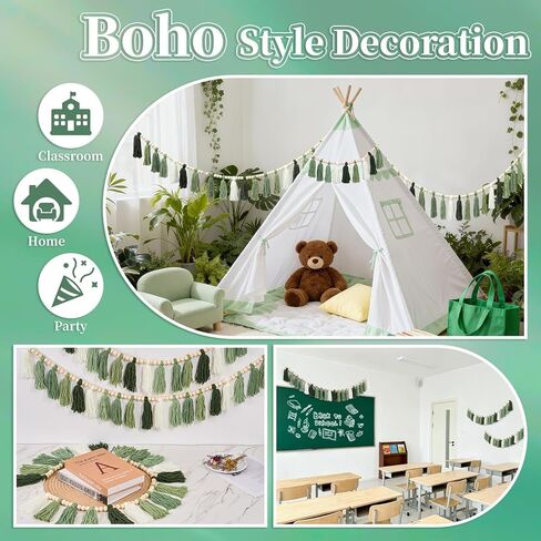 3 Pcs Green Boho Yarn Tassel Garlands Sage Green Wall Hanging Decoration with Wood Beads Neutral Woodland Forest Party Tassel Banner for Nursery Classroom Room Dorm Birthday Baby Shower Deco in Kuwait