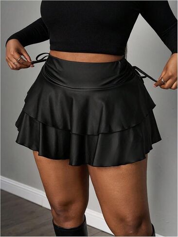 تنورة نسائية صغيرة من الجلد الصناعي بمقاس كبير Y2k تنانير واسعة ذات طبقات مكشكشة وجانبية على شكل حرف A in Kuwait