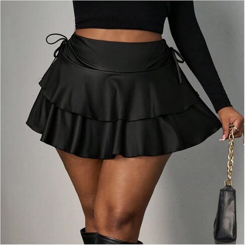 تنورة نسائية صغيرة من الجلد الصناعي بمقاس كبير Y2k تنانير واسعة ذات طبقات مكشكشة وجانبية على شكل حرف A in Kuwait