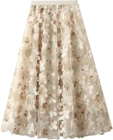 Wellwits Women's 3D Petal Floral Embellished Hip Covering Tulle A Line Skirt in Saudi Arabia