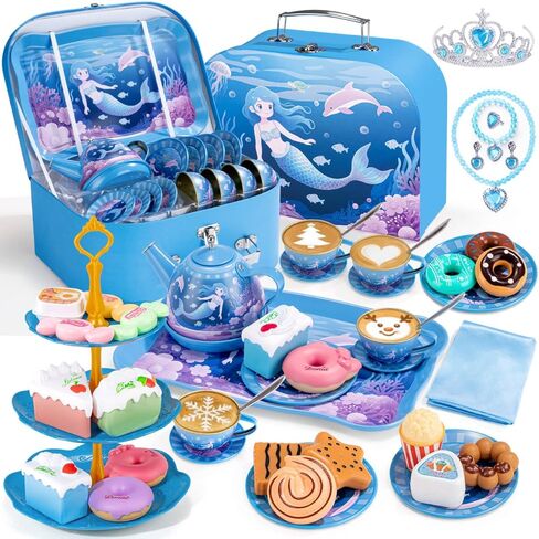 iAOVUEBY Tea Party Set for Little Girls Age 3-8, Kids Princess Pretend Playset Toys Including Teas Set Dessert Princess Dress Up & Carrying Case, Toddler Girls Birthday Gifts, Girl Kitchen Tea Toys in Saudi Arabia