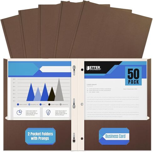 Brown Paper 2 Pocket Folders with Prongs, 50 Pack, by Better Office Products, Matte Texture, Letter Size Paper Folders, 50 Pack, with 3 Metal Prong Fastener Clips, Brown in Saudi Arabia