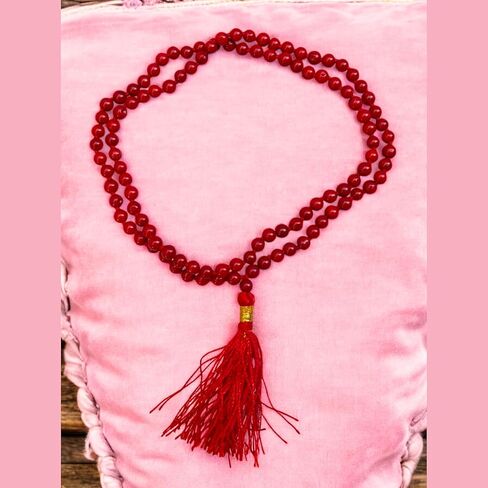 Certified Red Coral (Moonga) Mala 5mm | 108+1 Beads Hand-Knotted Rosary | Healing Prayer Necklace | Unisex Yoga Meditation mala | Spiritual Moonga Beads Tassel Mala for Pooja in Saudi Arabia