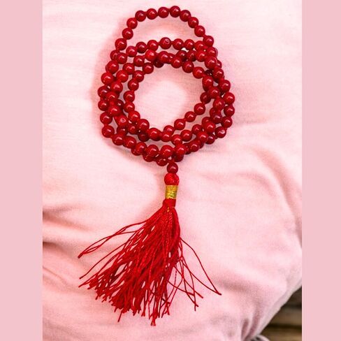 Certified Red Coral (Moonga) Mala 5mm | 108+1 Beads Hand-Knotted Rosary | Healing Prayer Necklace | Unisex Yoga Meditation mala | Spiritual Moonga Beads Tassel Mala for Pooja in Saudi Arabia