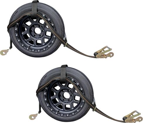 ربطات سحب دوللي قابلة للتعديل من Mega Cargo Control (أسود)، 2 حزمة من أشرطة سقاطة الإطارات مع خطافات ملتوية - تناسب العجلات 15 بوصة - 19 بوصة للسرير المسطح in Kuwait