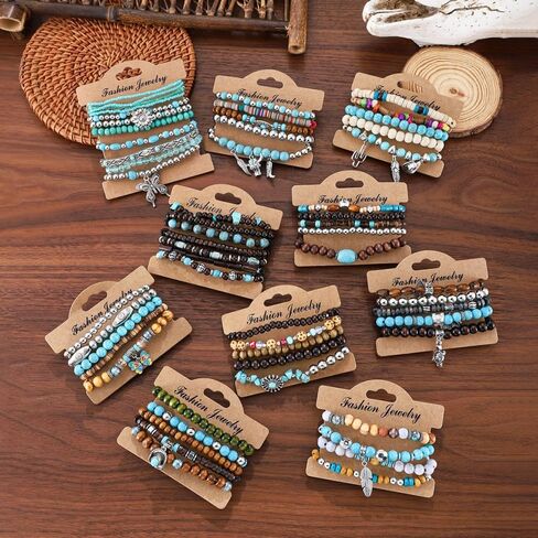 24Pcs Western Turquoise Bracelet for Women Cowgirl Cowboy Western Bohemian Tribal Jewelry Adjustable Boho Beaded Strand Bracelet Stack Oufits in Saudi Arabia
