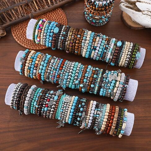 24Pcs Western Turquoise Bracelet for Women Cowgirl Cowboy Western Bohemian Tribal Jewelry Adjustable Boho Beaded Strand Bracelet Stack Oufits in Saudi Arabia