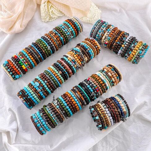 24Pcs Western Turquoise Bracelet for Women Cowgirl Cowboy Western Bohemian Tribal Jewelry Adjustable Boho Beaded Strand Bracelet Stack Oufits in Saudi Arabia