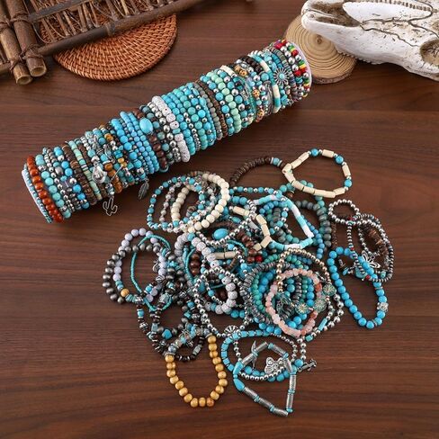 24Pcs Western Turquoise Bracelet for Women Cowgirl Cowboy Western Bohemian Tribal Jewelry Adjustable Boho Beaded Strand Bracelet Stack Oufits in Saudi Arabia