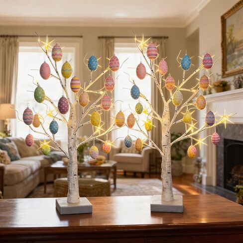 2-Pack Lighted Easter Spring Mothers Day Christmas Tree Decorations Indoor, 2ft Birch Tree with LED Lights, Small Tabletop Patriotic Valentines Day Tree with Lights,Battery- Powered in Kuwait