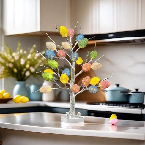 زينة عيد الفصح، شجرة بيض عيد الفصح الاصطناعية المضاءة مسبقًا مع أضواء LED، شجرة البتولا المضيئة بطول 2 قدم، مصباح شجرة مضيء لديكور سطح الطاولة في عطلة الربيع in Kuwait