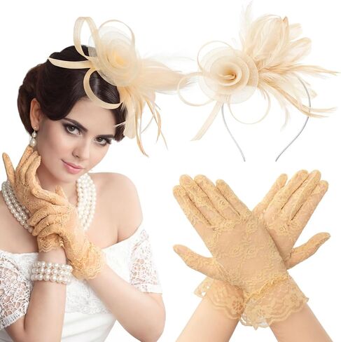 Geyoga Women Fascinators Hats and Lace Gloves, Derby Hat Vintage Tea Party Outfits for 20s 50s Dress Accessories in Saudi Arabia