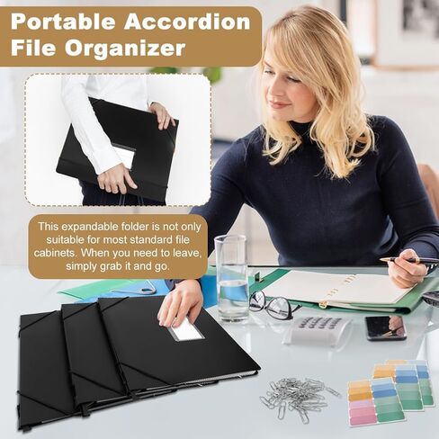 7-Pocket Hanging File Folders, 3 Pack Expandable File Organizer with 18 Sticky Notes & 100 Paper Clips, Letter Size Accordian Pockets for Filing Cabinet Home, Office, School(Color:Black) in Saudi Arabia