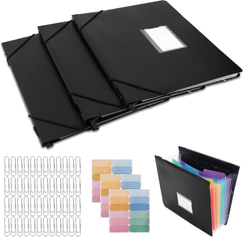 7-Pocket Hanging File Folders, 3 Pack Expandable File Organizer with 18 Sticky Notes & 100 Paper Clips, Letter Size Accordian Pockets for Filing Cabinet Home, Office, School(Color:Black) in Saudi Arabia