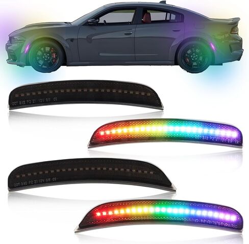 مصابيح LED جانبية كاملة RGB متوافقة مع دودج تشارجر 2015-2023، [4 أوضاع 16 لونًا] مصابيح علامة RGB متعددة الألوان، مجموعة مصد عدسة مدخنة أمامية وخلفية مع ستروب عن بعد، 4 قطع in Kuwait