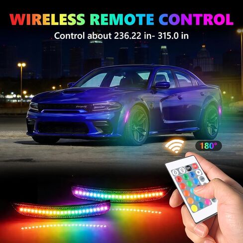 مصابيح LED جانبية كاملة RGB متوافقة مع دودج تشارجر 2015-2023، [4 أوضاع 16 لونًا] مصابيح علامة RGB متعددة الألوان، مجموعة مصد عدسة مدخنة أمامية وخلفية مع ستروب عن بعد، 4 قطع in Kuwait