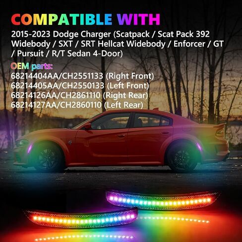 مصابيح LED جانبية كاملة RGB متوافقة مع دودج تشارجر 2015-2023، [4 أوضاع 16 لونًا] مصابيح علامة RGB متعددة الألوان، مجموعة مصد عدسة مدخنة أمامية وخلفية مع ستروب عن بعد، 4 قطع in Kuwait