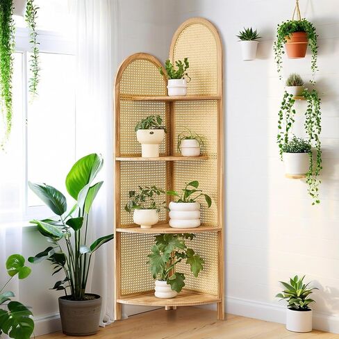 4-Tier Corner Shelf Stand 70" Rattan Corner Shelves Display Shelf Wall Corner Bookshelf with Solid Wood Frame Multi Unit Organizer Rack with Legs for Living Room Decor,Small Space, Natural in Saudi Arabia