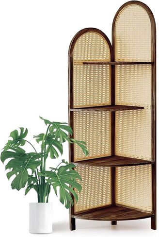 4-Tier Corner Shelf Stand 70" Rattan Corner Shelves Display Shelf Wall Corner Bookshelf with Solid Wood Frame Multi Unit Organizer Rack with Legs for Living Room Decor,Small Space, Natural in Saudi Arabia