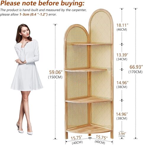 4-Tier Corner Shelf Stand 70" Rattan Corner Shelves Display Shelf Wall Corner Bookshelf with Solid Wood Frame Multi Unit Organizer Rack with Legs for Living Room Decor,Small Space, Natural in Saudi Arabia