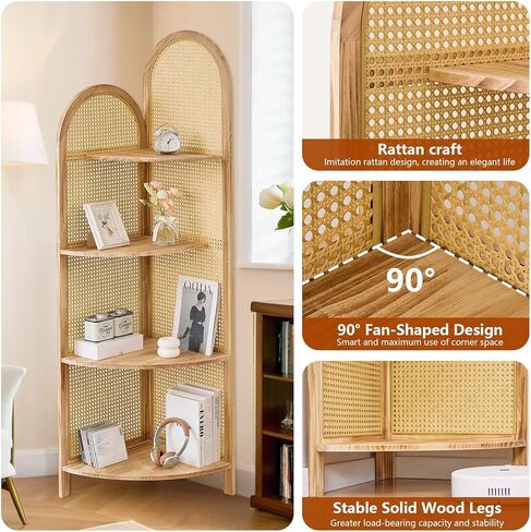 4-Tier Corner Shelf Stand 70" Rattan Corner Shelves Display Shelf Wall Corner Bookshelf with Solid Wood Frame Multi Unit Organizer Rack with Legs for Living Room Decor,Small Space, Natural in Saudi Arabia