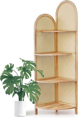 4-Tier Corner Shelf Stand 70" Rattan Corner Shelves Display Shelf Wall Corner Bookshelf with Solid Wood Frame Multi Unit Organizer Rack with Legs for Living Room Decor,Small Space, Natural in Saudi Arabia