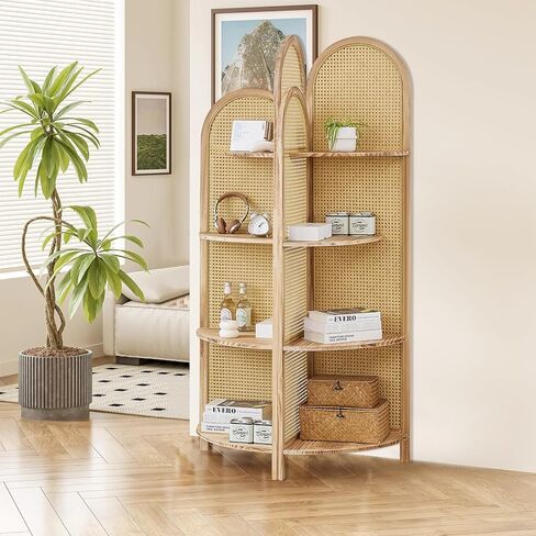4-Tier Corner Shelf Stand 70" Rattan Corner Shelves Display Shelf Wall Corner Bookshelf with Solid Wood Frame Multi Unit Organizer Rack with Legs for Living Room Decor,Small Space, Natural in Saudi Arabia