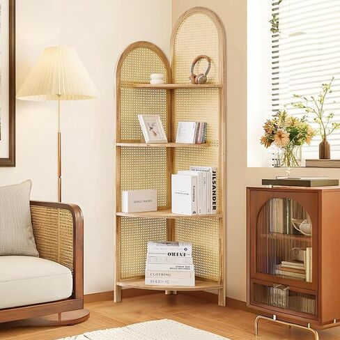 4-Tier Corner Shelf Stand 70" Rattan Corner Shelves Display Shelf Wall Corner Bookshelf with Solid Wood Frame Multi Unit Organizer Rack with Legs for Living Room Decor,Small Space, Natural in Saudi Arabia