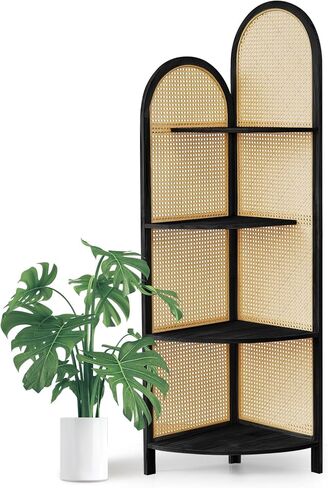 4-Tier Corner Shelf Stand 70" Rattan Corner Shelves Display Shelf Wall Corner Bookshelf with Solid Wood Frame Multi Unit Organizer Rack with Legs for Living Room Decor,Small Space, Natural in Saudi Arabia
