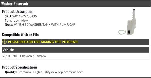 Windshield Washer Reservoir with Pump and Cap - Compatible with 2010-2015 Chevy Camaro in Saudi Arabia