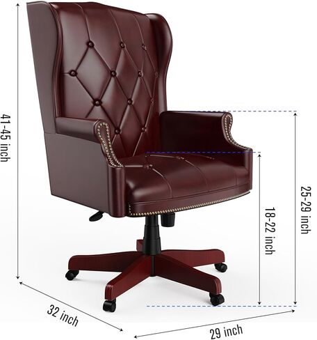 كرسي مكتب تنفيذي من الجلد عالي الظهر باللون العنابي، تصميم مريح شديد التحمل بوزن 330 رطل، مقعد مبطن سميك ومسند للظهر، كرسي مكتب مريح مع قاعدة خشبية و5 عجلات انزلاقية ناعمة in Kuwait