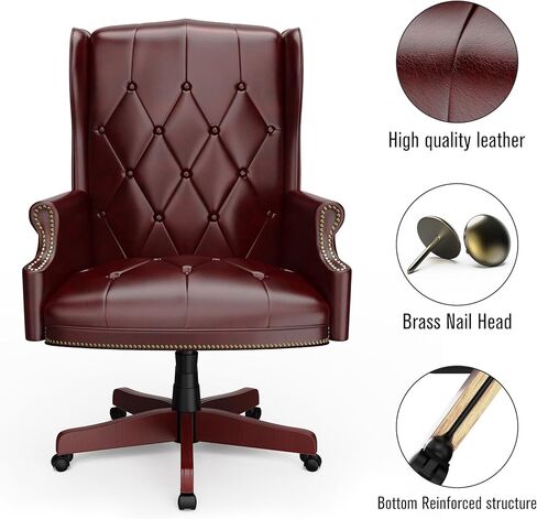 كرسي مكتب تنفيذي من الجلد عالي الظهر باللون العنابي، تصميم مريح شديد التحمل بوزن 330 رطل، مقعد مبطن سميك ومسند للظهر، كرسي مكتب مريح مع قاعدة خشبية و5 عجلات انزلاقية ناعمة in Kuwait