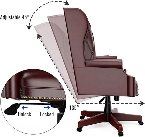 كرسي مكتب تنفيذي من الجلد عالي الظهر باللون العنابي، تصميم مريح شديد التحمل بوزن 330 رطل، مقعد مبطن سميك ومسند للظهر، كرسي مكتب مريح مع قاعدة خشبية و5 عجلات انزلاقية ناعمة in Kuwait