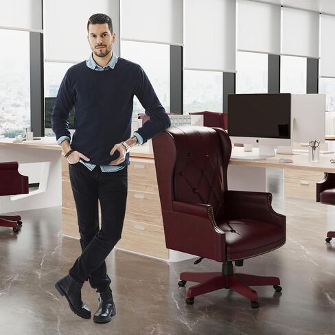 كرسي مكتب تنفيذي من الجلد عالي الظهر باللون العنابي، تصميم مريح شديد التحمل بوزن 330 رطل، مقعد مبطن سميك ومسند للظهر، كرسي مكتب مريح مع قاعدة خشبية و5 عجلات انزلاقية ناعمة in Kuwait