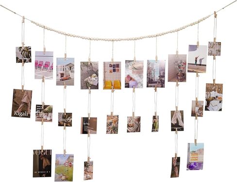 Hanging Photo Display with Clip - 4.3FT Wood Bead Garland with 48 Clips for Artwork, Photo String, Boho Wall & Dorm Décor in Saudi Arabia