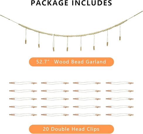 Hanging Photo Display with Clip - 4.3FT Wood Bead Garland with 48 Clips for Artwork, Photo String, Boho Wall & Dorm Décor in Saudi Arabia