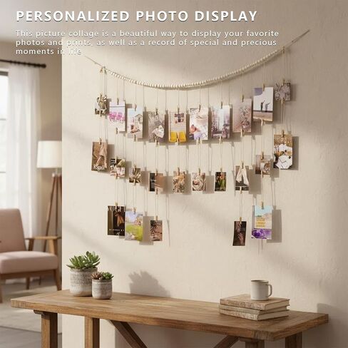 Hanging Photo Display with Clip - 4.3FT Wood Bead Garland with 48 Clips for Artwork, Photo String, Boho Wall & Dorm Décor in Saudi Arabia