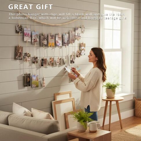 Hanging Photo Display with Clip - 4.3FT Wood Bead Garland with 48 Clips for Artwork, Photo String, Boho Wall & Dorm Décor in Saudi Arabia