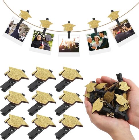 30 Pcs Graduation Party Decoration Class of 2026 Graduation Cap Photo Banner Grad Cap Garland Decor Black Gold Glitter Clip String for Congrats Party Photo Booth Mantel Decor Hanging Picture in Saudi Arabia
