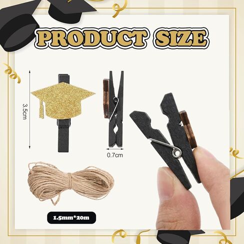 30 Pcs Graduation Party Decoration Class of 2026 Graduation Cap Photo Banner Grad Cap Garland Decor Black Gold Glitter Clip String for Congrats Party Photo Booth Mantel Decor Hanging Picture in Saudi Arabia