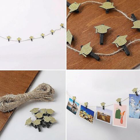 30 Pcs Graduation Party Decoration Class of 2026 Graduation Cap Photo Banner Grad Cap Garland Decor Black Gold Glitter Clip String for Congrats Party Photo Booth Mantel Decor Hanging Picture in Saudi Arabia