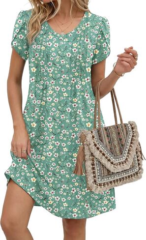 Zeagoo Summer Dresses for Women Casual A Line Dress 2026 V Neck Short Dresses Floral Sundress Pleated Boho Dress in Kuwait